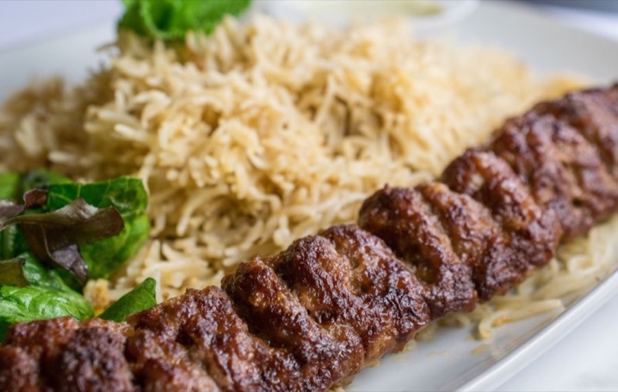 Grilled beef skewer kebab with rice and greens from Kebab Uncle's official gallery