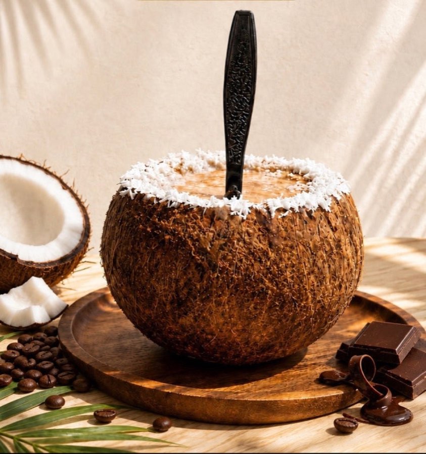 Royal Roastery coconut affogato in a coconut shell, surrounded by coconut, coffee beans and chocolate.