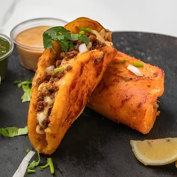 Halal Fusionz birria tacos with herbs and dipping sauce.