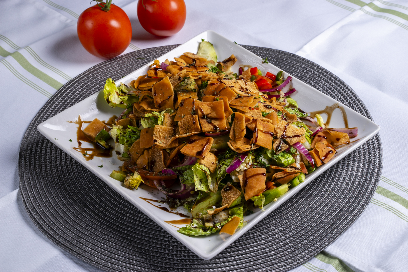 Fattoush salad topped with crisp pita pieces