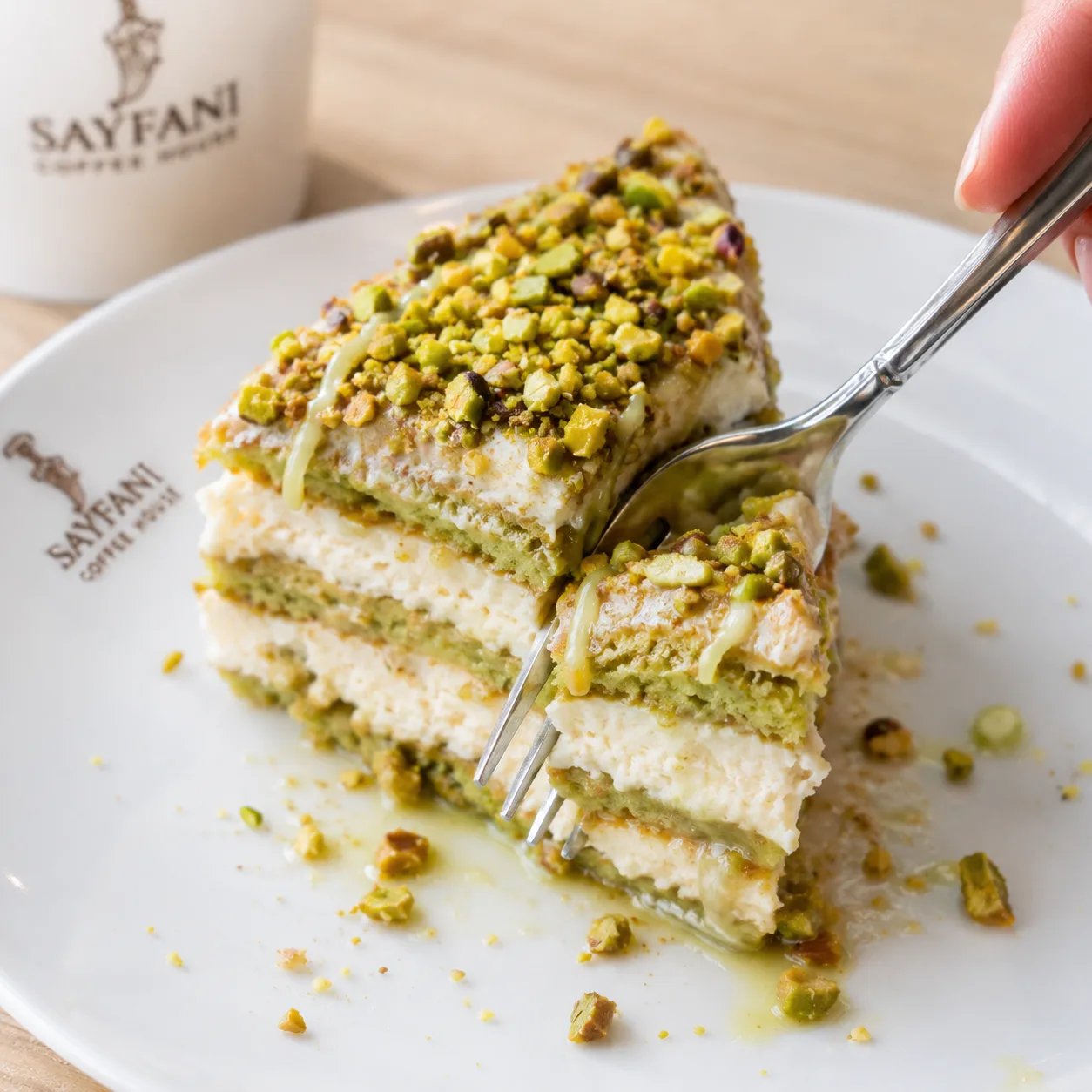 Pistachio-layered cake with cream and crushed pistachios on Sayfani-branded tableware